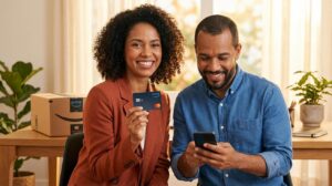 Mulher brasileira segurando um cartão Amazon Mastercard enquanto um homem brasileiro usa o celular e caixas da Amazon estão sobre a mesa