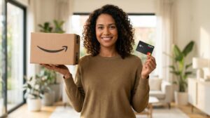 Uma mulher brasileira sorrindo em casa segurando um pacote da Amazon na mão esquerda e um cartão Amazon Mastercard na mão direita, mostrando o acúmulo de pontos sem anuidade
