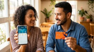 Mulher brasileira segurando celular mostrando pedido do cartão e homem brasileiro segurando cartão laranja com chip que representa o cartão BMG sem anuidade