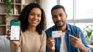 Mulher brasileira segurando celular com o app do banco borrado e homem brasileiro segurando cartão BMG, ambos sorrindo