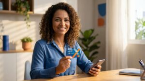 Mulher brasileira segurando cartão Caixa Simples e celular, sorrindo e mostrando controle das finanças