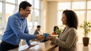 Mulher brasileira recebendo um cartão Caixa Simples de um atendente homem em um balcão de banco, ambos sorrindo em ambiente de agência