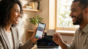 Mulher brasileira segurando celular com cartão digital desfocado na tela e homem brasileiro segurando cartão físico, ambos sorrindo em ambiente moderno