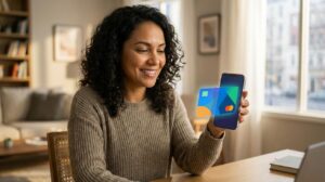 Mulher brasileira segurando um celular com a tela mostrando um cartão digital Mais sem textos, rosto sorridente e foco na tela para ilustrar solicitação online e análise rápida