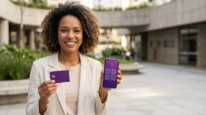Mulher brasileira segurando um smartphone com a tela roxa do app e um cartão roxo sem escrita, sorrindo em fundo desfocado