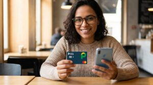 Mulher brasileira segura cartão de crédito Pan e smartphone com tela borrada mostrando aplicativo de controle de limite