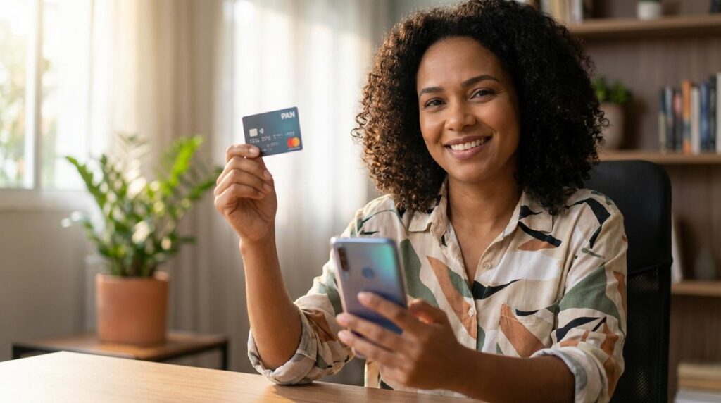 Mulher brasileira segurando cartão Pan e celular em casa sorrindo enquanto confere os gastos no aplicativo