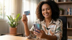 Mulher brasileira segurando cartão Pan e celular em casa sorrindo enquanto confere os gastos no aplicativo