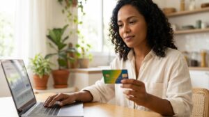 Mulher brasileira segurando um cartão Petrobras Visa ao lado de um notebook, pronta para solicitar o cartão online.