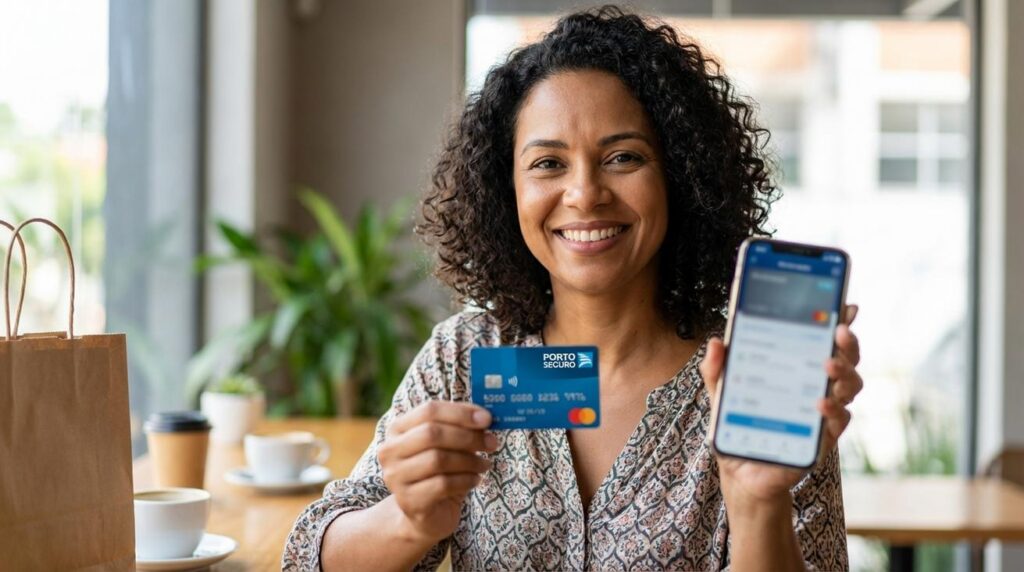 Mulher brasileira segura cartão Porto Seguro e celular sorrindo para mostrar descontos e pontos