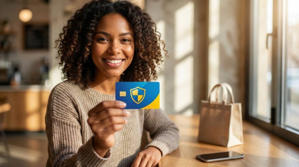 Mulher brasileira sorridente segurando um cartão Porto Seguro com o símbolo do escudo, destacando vantagens e economia nas compras