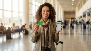 Mulher brasileira segura cartão Sicredi e celular com app de banco borrado para mostrar controle de gastos antes de viagem