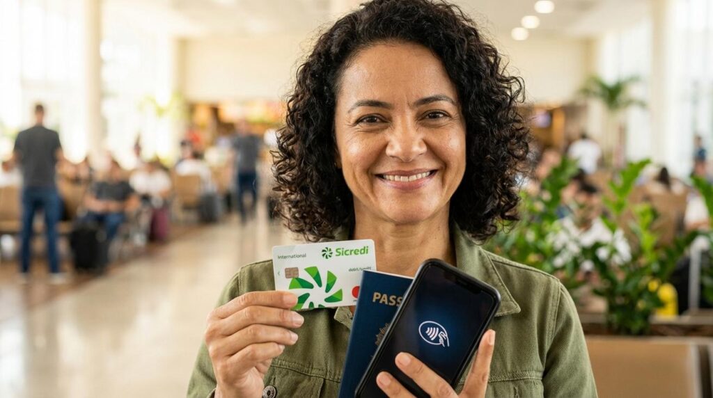 Mulher brasileira sorrindo segurando um cartão Sicredi Internacional, um passaporte e um smartphone para mostrar pagamentos seguros em viagens no Brasil e no exterior