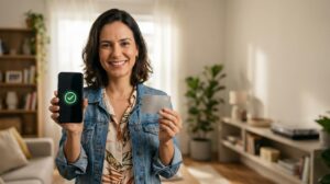 Mulher brasileira segurando celular e cartão de crédito Novucard sem texto, sorrindo com um ícone de confirmação no ecrã que mostra aprovação rápida