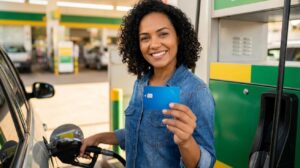 Mulher brasileira abastecendo o carro em posto com cores da Petrobras enquanto segura um cartão azul com chip