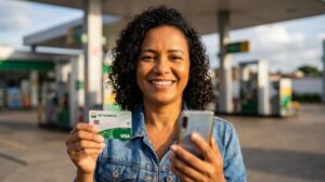 Mulher brasileira segurando o cartão Petrobras Visa e um celular com a tela desfocada em um posto de combustível