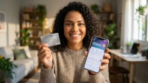 Mulher brasileira sorrindo segura um cartão Novucard Visa e um smartphone com a tela borrada mostrando o pedido do cartão