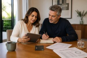 A couple reviewing their finances with an Itaú Private credit card on the table