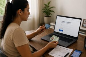 Woman at a desk holding a credit card and ID while filling out an online credit card application on a laptop