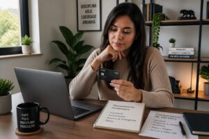 A young Brazilian woman analyzing credit card options on her laptop in a modern home office