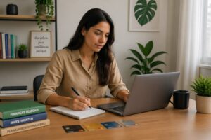 A young Brazilian woman analyzing credit card options at her desk with a laptop and notepad
