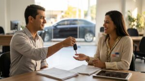 Homem entregando as chaves do carro para uma atendente de banco mulher com crachá nas cores da BV e documentos na mesa, mostrando um empréstimo com garantia do veículo