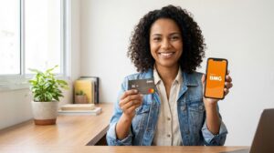 Mulher brasileira sorrindo segurando um cartão BMG e um celular com o aplicativo BMG aberto mostrando como solicitar o cartão e aproveitar cashback sem anuidade