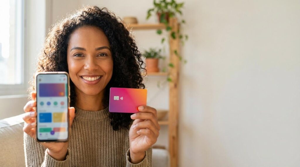 Mulher brasileira segurando cartão Neon colorido e olhando para celular com aplicativo aberto sem texto em ambiente doméstico moderno