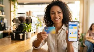 Mulher brasileira segurando cartão e celular com app de controle de gastos, mostrando organização das despesas