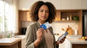 Mulher brasileira segurando cartão pré-pago PagBank Visa e celular com app borrado na cozinha, mostrando controle e segurança nas compras