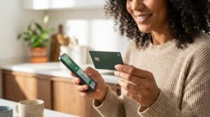 Mulher brasileira sorrindo segura cartão verde do PicPay e mostra celular com a tela desfocada do aplicativo