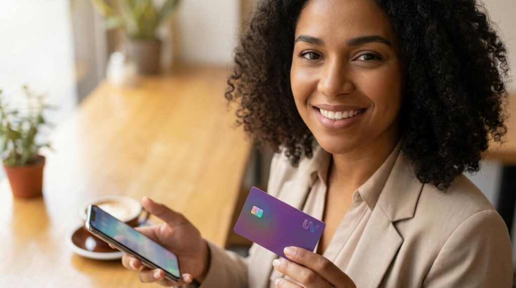 Mulher brasileira segurando um cartão roxo Ultravioleta com chip e um celular com a tela desfocada