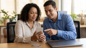 Mulher brasileira e homem atendente conversam enquanto mulher segura celular e sorri, avaliando oferta de empréstimo consignado BMG.