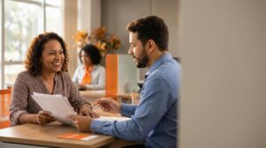 Mulher brasileira e homem em um balcão de banco conversando sobre um empréstimo com documentos na mão