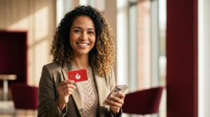Mulher brasileira segurando cartão bancário vermelho com símbolo do Santander e um celular, com expressão confiante em ambiente de banco