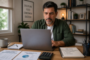 A Brazilian man applying for a credit card at his desk, focused on his laptop with financial documents around him.