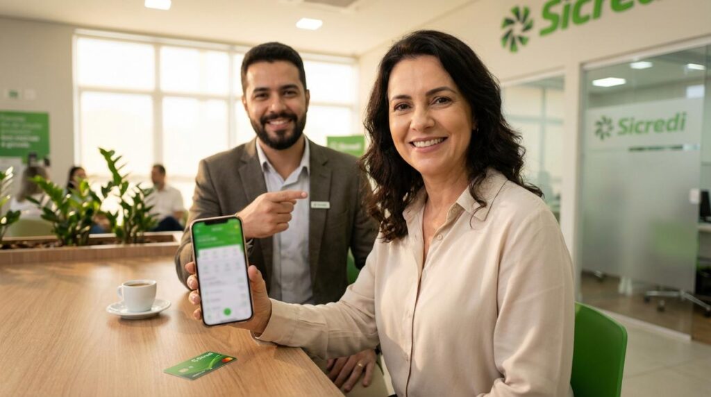 Mulher brasileira segurando smartphone com a tela desfocada e cartão com o logo Sicredi sobre a mesa, atendente homem brasileiro ao lado mostrando a tela