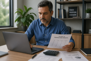 A Brazilian man reviewing personal loan options at his desk in an office