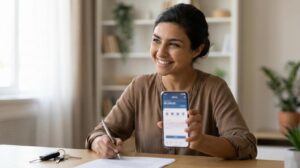 Mulher brasileira segurando celular e assinando documentos de empréstimo em casa com chaves de carro na mesa para representar o empréstimo Creditas