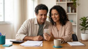 Homem e mulher brasileiros olhando documentos e um celular com o app Creditas em uma mesa, mostrando alívio por organizar as contas