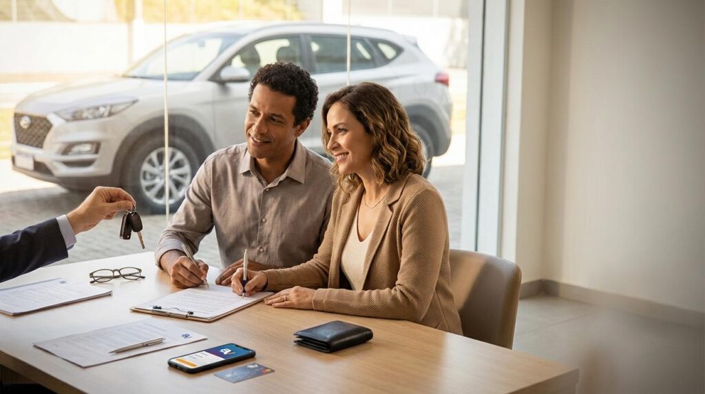 Homem e mulher assinando contrato de empréstimo com garantia de veículo dentro de uma agência, com carro visível pela janela e cartão BV sobre a mesa