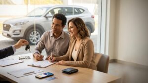 Homem e mulher assinando contrato de empréstimo com garantia de veículo dentro de uma agência, com carro visível pela janela e cartão BV sobre a mesa