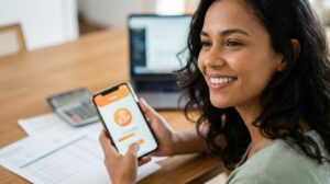 Mulher brasileira usando celular para solicitar empréstimo Jeitto em casa com expressão de alívio, telefone mostrando ícone do app sem texto e papéis de conta ao fundo