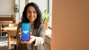 Mulher brasileira segura smartphone com o ícone do Mercado Pago visível, transmitindo segurança para pedir um empréstimo