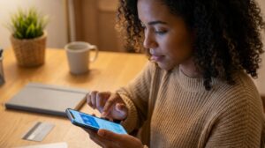 Mulher brasileira segurando celular com tela de aplicativo financeiro em tom azul borrada, simulando solicitação de empréstimo, com expressão aliviada em ambiente doméstico sem marcas visíveis