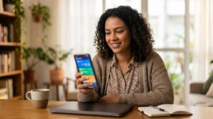 Mulher brasileira segura smartphone com tela do app OLX borrada e sorri enquanto confere opções de empréstimo em casa