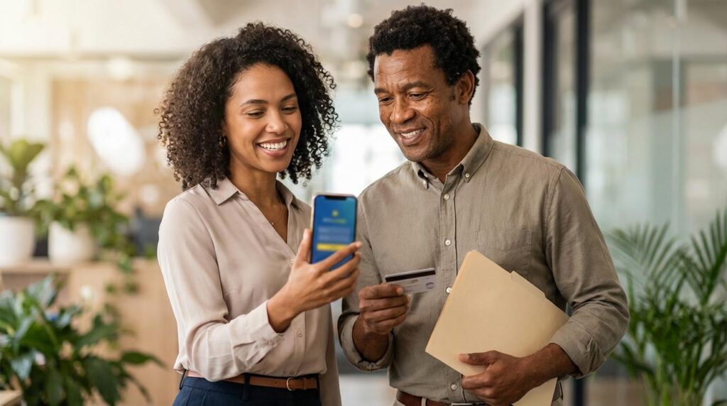 Mulher brasileira segura smartphone com o aplicativo do Banco PAN levemente desfocado enquanto um atendente homem mostra documentos, ilustrando um pedido de empréstimo rápido e seguro