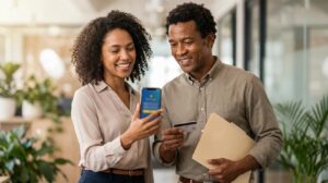 Mulher brasileira segura smartphone com o aplicativo do Banco PAN levemente desfocado enquanto um atendente homem mostra documentos, ilustrando um pedido de empréstimo rápido e seguro