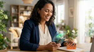 Mulher brasileira sorrindo aliviada ao olhar para o celular após liberação de empréstimo com cartão do Banco PAN ao lado