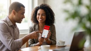 Mulher brasileira segurando smartphone com app Santander visível e homem brasileiro apontando para a tela em uma mesa